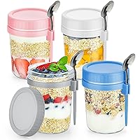 4 Pack Overnight Oats Containers with Lids and Spoons 16 Oz Glass Mason Jars for Overnight Oats Leak Proof Oatmeal Container Great for Cereal Fruit Vegetable Milk Salad Yogurt Meal Prep