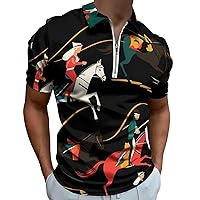 Horse Racing Mens Polo Shirts Quick Dry Short Sleeve Zippered Workout T Shirt Tee Top