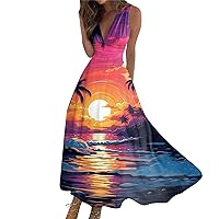 Maxi Dresses for Women 2024,Women's Floral Print V-Neck Sleeveless Long Boho Floral Priny Sundresses