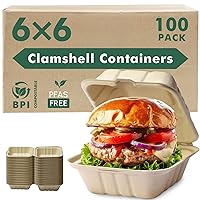 yoyomax [6x6-100Pack] 100% Compostable To Go Food Containers with Lids, Burger Box Take Out Clamshell Container, Bio Disposable | Eco Friendly | Heavy-Duty Boxes, Made of Sugarcane Fibers