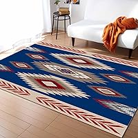 Rectangular Area Rug for Living Room, Bedroom, Western Blue Red Non-Slip Residential Carpet, Kitchen Rugs, Southwest Ethnic Boho Geometric Abstract Floor Mat with Rubber Backing 5' x 8'