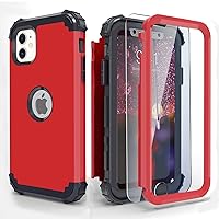 IDweel for iPhone 11 Case with Tempered Glass Screen Protector,Hybrid 3 in 1 Shockproof Slim Heavy Duty Protection Hard PC Cover Soft Silicone Bumper Full Body Case for iPhone 11 6.1 Inch, Red