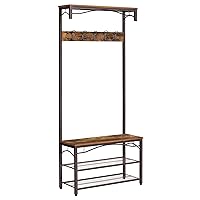 VASAGLE Coat Rack, 3-in-1 Hall Tree, Entryway Shoe Bench Coat Stand, Storage Shelves Accent Furniture Steel Frame Large Size, Industrial, Rustic Brown and Bronze UHSR45AX