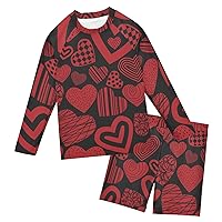 Valentine's Day Red Heart Boys Rash Guard Sets Long Sleeve Rashguard and Bottoms Swim Bathing Suit Set,3T