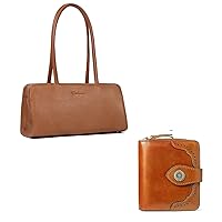 BOSTANTEN Women Designer Handbags Soft Leather Purses and Handbags Satchel Shoulder Bag Bundle with Women Leather Wallet RFID Blocking Small Bifold Wallet with ID Window
