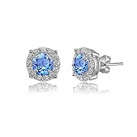 Sterling Silver 5mm Round Halo European Crystals Fancy Stud Earrings for Women Girls