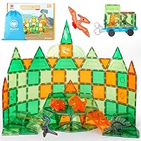 Diophso Dinosaur Magnetic Tiles for Kids 3-8, 3D Dinosaur Building Blocks Set with 1 Magnet Car, 5 Dinosuar Figures, Educational STEM Magnet Toys Xmas Gifts for Boys and Girls 3+ Year Old