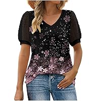 Women Swiss Dot Puff Short Sleeve Fashion Flower Tops Summer Casual Loose Fit V Neck Dressy T-Shirts for Daily