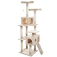 Cat Tree - 5.5-Foot Cat Tower for Indoor Cats with Perches, 2 Condos, 9 Cat Scratching Posts, 2 Hanging Toys, and 2-Step Ladder by PETMAKER (Beige)