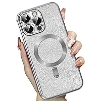Magnetic for iPhone 15 Pro Case Glitter [Compatible with Magsafe], Full Camera Lens Protection & 2X Screen Protector, Luxury Plating Bling Soft Shockproof Slim Phone Case for Women, Silver
