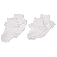 Jefferies Socks Baby Girls' Eyelet Lace Turn Cuff Socks, White/White, 1-3 Months