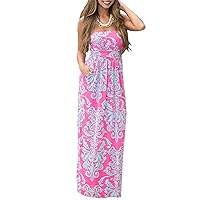 PRIMODA Womens Strapless Tube Top Maxi Dress Floral Boho Beach Dress with Pockets
