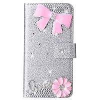 Wallet Case Compatible with Samsung A32 5G, Glitter Bling Love Pink Bow Diamond Pu Leather Flip Phone Cover for Galaxy Galaxy A32 5G (Silver)