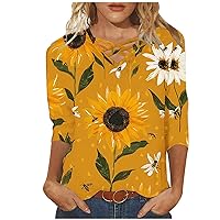 Womens Tops 3/4 Sleeve V Neck Cute Shirts Casual Floral Print Trendy Tops Three Guarter Length T Shirt Summer Pullover