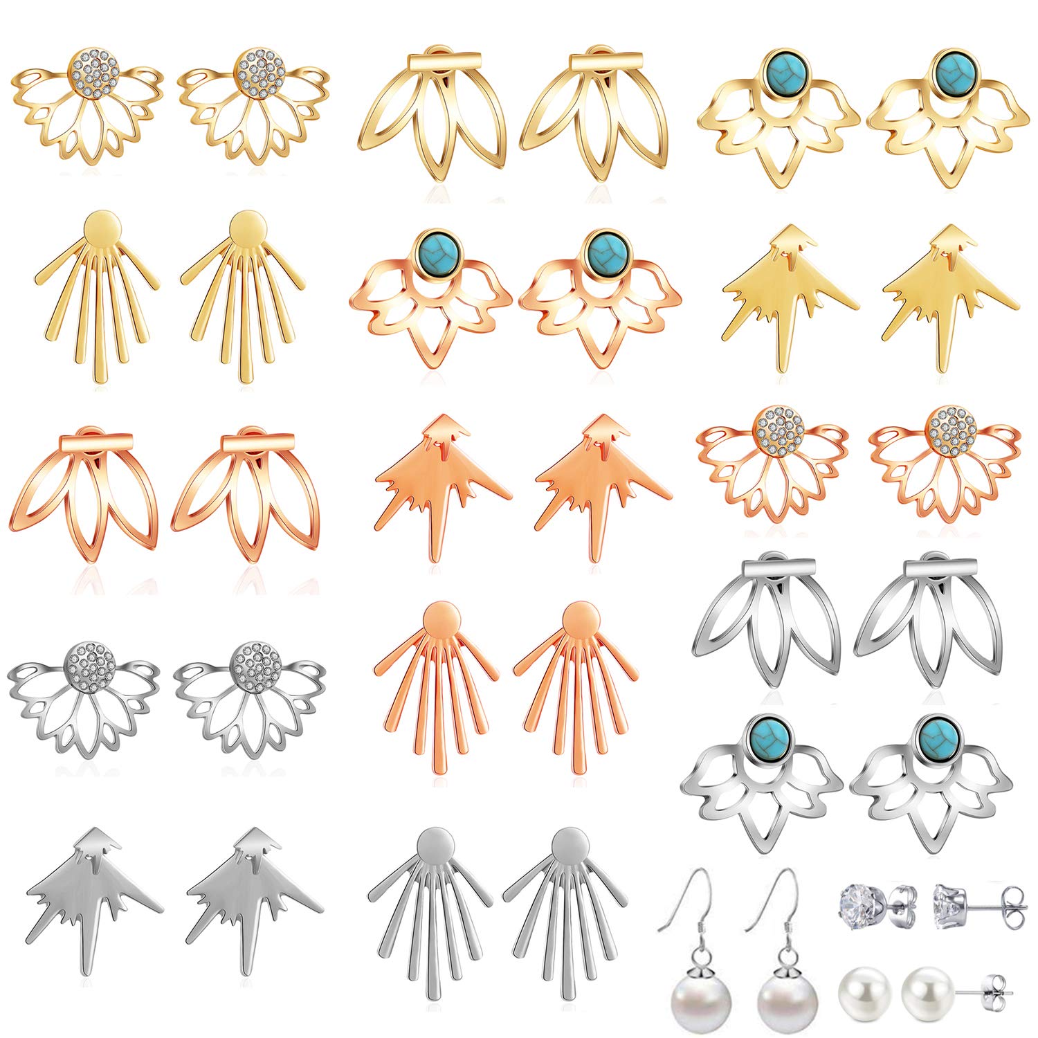 18/21 Pairs Multiple Lotus Flower Ear Jacket Earrings for Women and Girls-Minimalism CZ BarTurquoise Studs-Chic Fashion Front Back Stud Earring Set