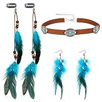 MWOOT Feather Hair Accessory Clip, Indian Feather Hair Extensions Women, Brown Drop Leather Choker Necklace, Feather Earrings Blue, Boho Tribal Jewellery for Women Carnival Cosplay Tribal Costume