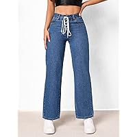 Jeans for Women- Lace Up Waist Straight Leg Jeans (Color : Dark Wash, Size : W28 L32)
