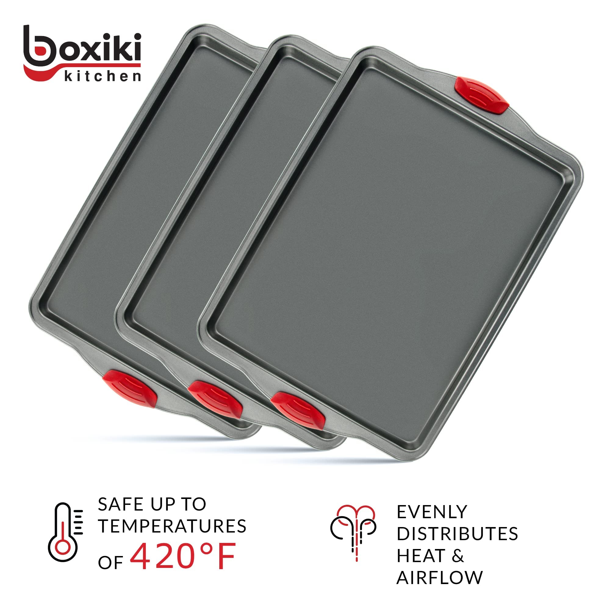 Nonstick Baking Sheet Tray Set of 3 - These Cookie Sheet Pans are Non-toxic, Dent, Warp, and Rust Resistant. Made with Heavy Gauge Carbon Steel for Oven Baking Sheets.