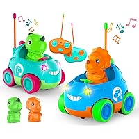 Toddler Remote Control Car, Two Cartoon RC Cars for Toddlers, Dinosaur Toys for Kids 3-5, Birthday Gift for Boys & Girls, Car Toys with LED Lights & Music