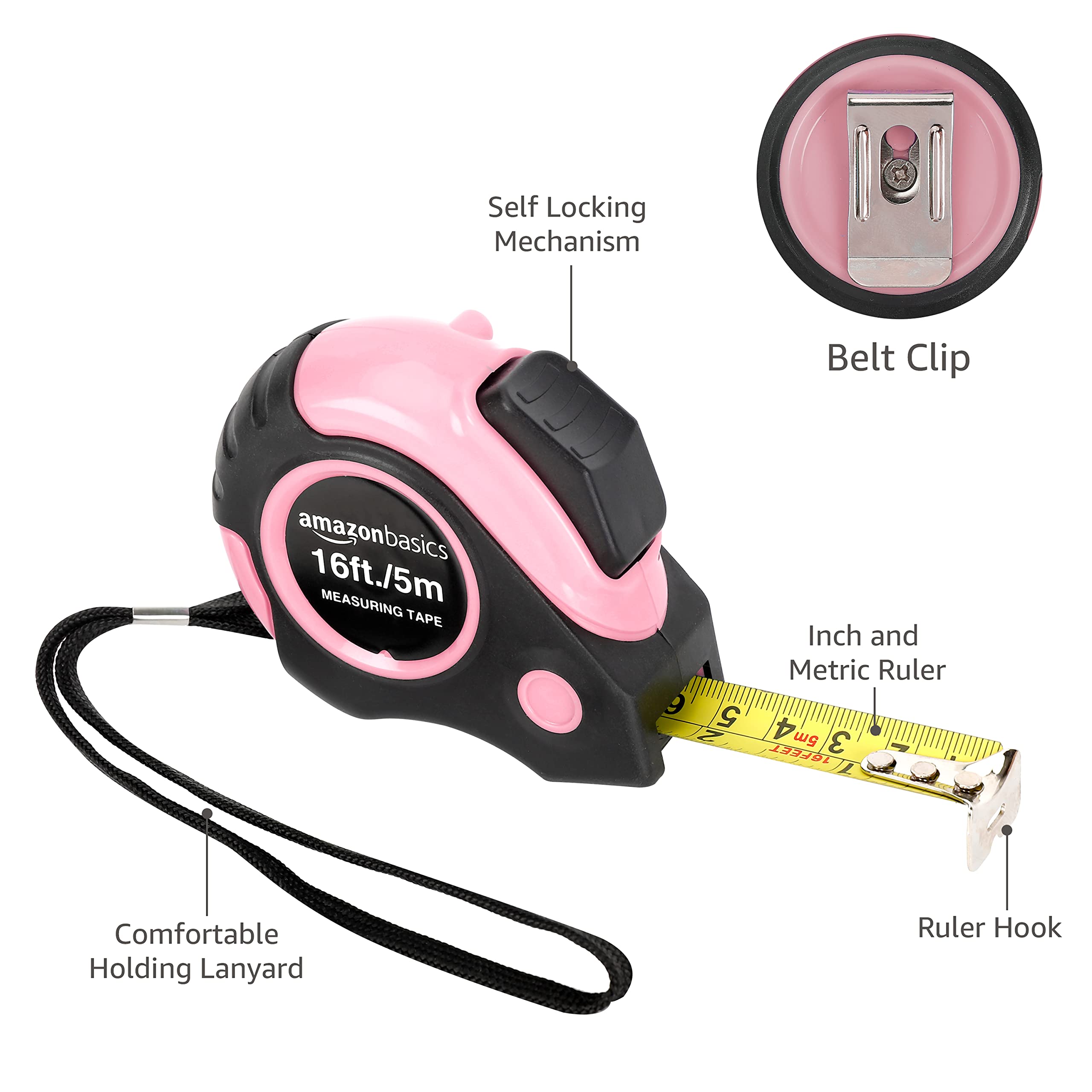 Amazon Basics Tape Measure - 16 Feet, Pink