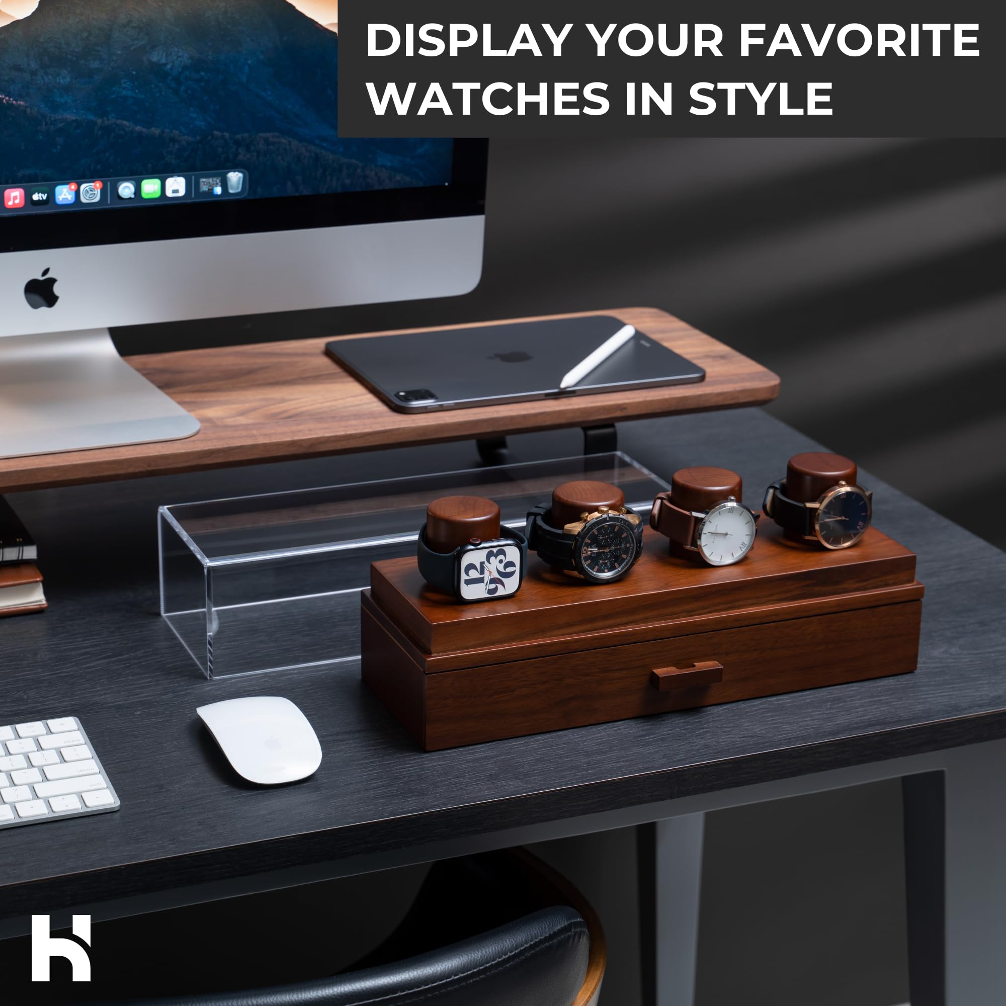 Watch Holder And Display Case/Box Organizer with Drawer for Accessories - Wooden - Gift for Men Boyfriend Husband Father Son - Walnut