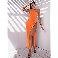 Womens Dress One Shoulder Drawstring Knot Side Split Thigh Dress Casual Dresses for Women (Size : Small)