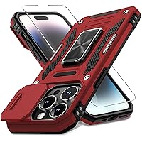 DEERLAMN for iPhone 14 Pro Case with Slide Camera Cover+Screen Protector(1 Pack),Rotated Ring Kickstand Military Grade Shockproof Protective Cover 6.1 Inch-Red