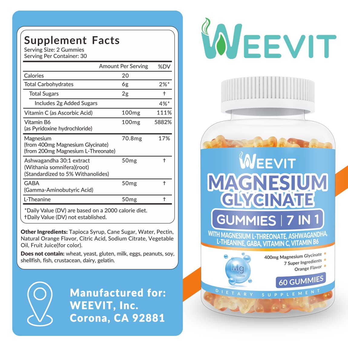 Magnesium Glycinate Gummies 400mg for Women and Men with Magnesium L-Threonate 200mg | Magnesium Supplements Gummies with Ashwagandha, L-Theanine, GABA, Vitamin C, B6