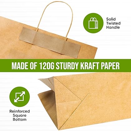 Tobvory Kraft Paper Bags - 50pcs 16x6x12 Inches Brown Paper Bags With Handles Bulk, Large Recycled Paper Bags, Ideal As Shopping Bags, Gift Bags, Retail Bags For Small Business Retail Grocery