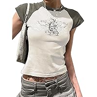 Y2K Crop Tops for Woman Short Sleeve Crew Neck Baby Tees Grunge Wing Print T-Shirt