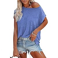 Womens Summer Tops Short Cap Sleeve Block T Shirts Casual Basic Loose Solid Color Crewneck Tank Tee Blouse with Pocket