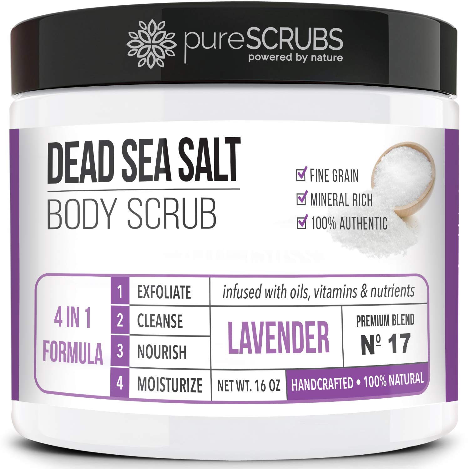 pureSCRUBS Premium Organic Body Scrub Set - INCLUDES spoon, loofah & soap - Large 16oz LAVENDER BODY SCRUB Dead Sea Salt Infused Organic Essential Oils & Nutrients