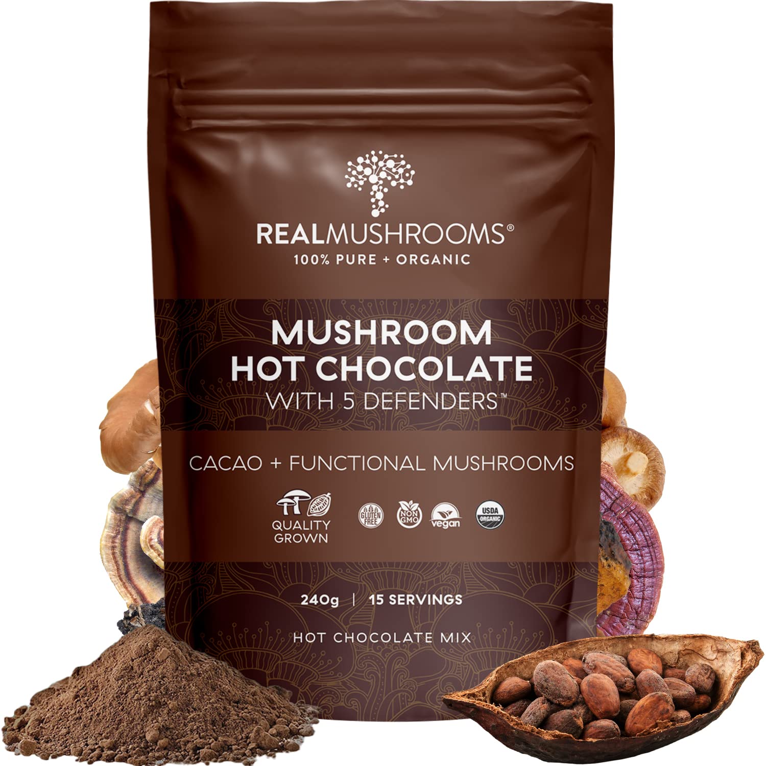 Real Mushrooms Hot Chocolate Mix (15 Servings) and Lion’s Mane (60 Servings) Powder Bundle - Mushroom Powder Supplement for Daily Immunity & Cognition Support - Gluten-Free, Non-GMO, Vegan