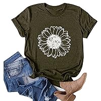 Spring Tops Womens 2024 Trendy Casual Graphic Tees Shirts Summer Fashion Short Sleeve Sunflower Tshirts Blouses Army Green XXL