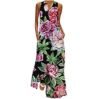 Women Sleeveless V Neck Beach Dresses 2024 Elegant Maxi Dress Summer Trendy Floral Print Boho Flowy Tank Dresses