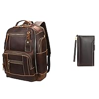 LANNSYNE Men's Vintage Full Grain Leather 15.6 Inch Laptop Backpack and Leather Travel Passport Long Wallet