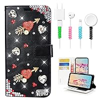 STENES Bling Wallet Phone Case Compatible with iPhone 13 Pro Case - Stylish - 3D Handmade Sweet Arrow Heart Design Leather Cover with Cable Protector [4 Pack] - Black