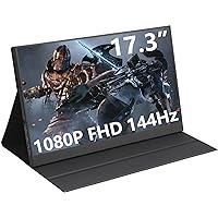 17.3 Inch Portable Monitor, 1080P 1920x1080 144Hz FHD USB-C HDMI Laptop Monitor, 100% sRGB IPS Computer Gaming Display HDR Travel Monitor with Speakers & Smart Cover for Laptop