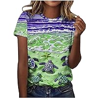 Flash Deals Today Summer Tops for Women 2023 Novelty Turtle Starfish Printed Graphic Shirts V Neck Short Sleeve Beach Blouses Womens Printed T Shirts