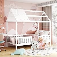 Kids House Bed,Twin Size Bed House Wood Montessori House Bed Frame with Fence and Rails, House Bed Kids Montessori Beds Playhouse Tent Bed, Solid Wood Platform Bed Frame for Toddlers, White