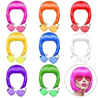 KUUQA 16 Pieces Party Wigs and Sunglass Set, Neon Short Bob Wig Sunglass Pack Costume Colorful Cosplay Wig Daily Party Hairpieces for Bachelorette Neon Party Favors, Halloween and Decorations