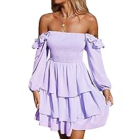 Byinns Women's Smocked Ruffle Mini Dress Square Neck Long Sleeve Party Dress Cute Cottagecore Wedding Guest Dress