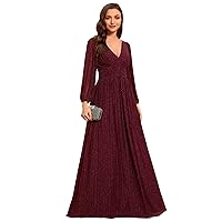 Ever-Pretty Women's V Neck Ruched High Waist Long Sleeves Floor Length Glitter Evening Dresses 01961