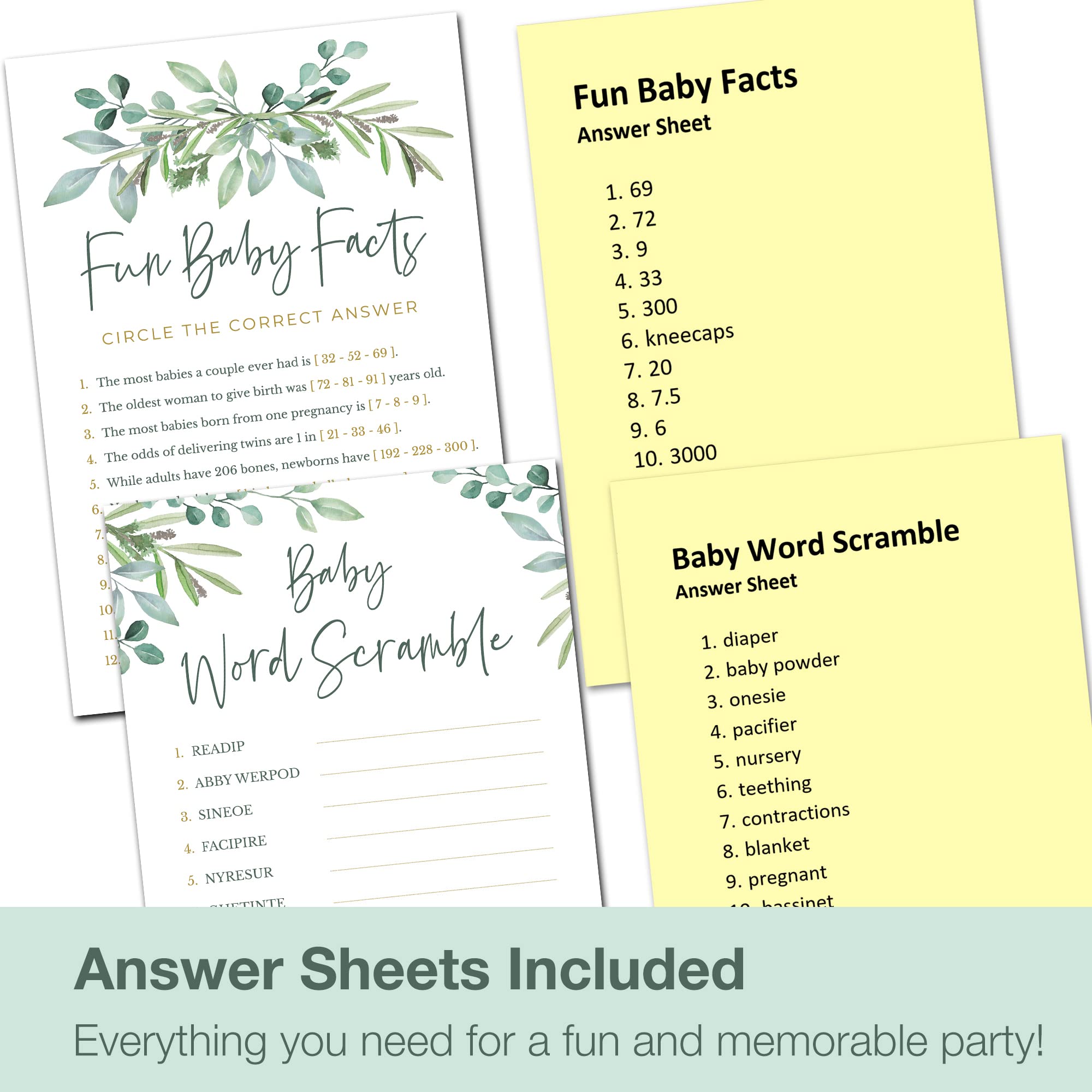 Baby Shower Games for Boy or Girl - Set of 4 Games for 30 Guests - Double Sided Cards - Floral Greenery Eucalyptus Flowers