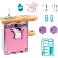 Barbie Furniture and Accessories, Doll House Decor Set with Dishwasher Theme, Kitchen Add-On with Counter Sink