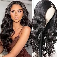Wavy V Part Wig Wear And Go Glueless U Part Wig Body Wave Natural Black Synthtic Hair Soft As Human Hair Wigs For Black Women (Natural Color, 22 Inch)