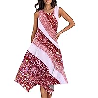 Summer Midi Dresses for Women 2024 Summer Round Neck Sleeveless Sequins Printed Irregular Hem Midi Dresses
