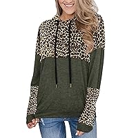 Women Hoodies Pullover Long Sleeve Leopard Print Tops Coat Casual Hooded Sweatshirt Loose Drawstring Tunic Outerwear