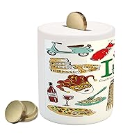 Ambesonne Italy Piggy Bank, Fun Colorful Sketch Art Italy Countries Alphabet Landmarks Food Culture, Ceramic Coin Bank Money Box for Cash Saving, 3.6