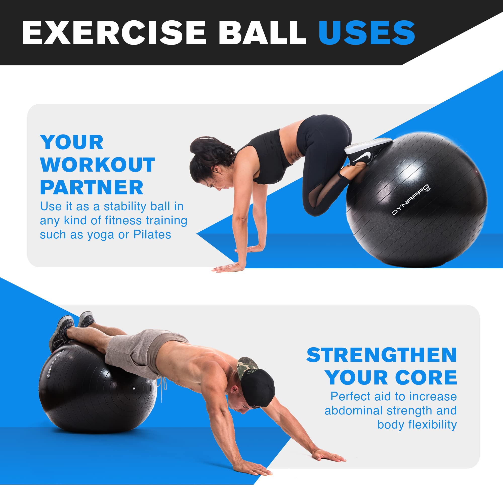 DYNAPRO Exercise Ball – Extra Thick Eco-Friendly & Anti-Burst Material Supports over 2200lbs, Stability Ball for Home, Yoga, Gym Ball, Birthing Ball, Physio Ball, Swiss Ball, Physical Therapy or Pregnancy